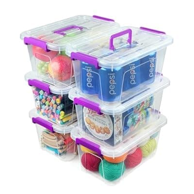 [AREYZIN] AREYZIN Plastic Storage Bins with Lids 6 Pack, 7 Quart Stackable Storage Containers with Buckle Latches, Heavy Duty Clear Organizer Bins for Home Office Supplies, Craft & Toy Storage, BPA-Free,Purple