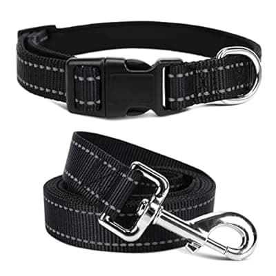 [Jumpress] Jumpress Soft Neoprene Padded Dog Collar and Leash Set for Small Medium Large Dogs, Reflective Durable Nylon Dog Collar with 5ft Leash Easy for Walking, Black,Neck fit 14.0-23.5’’