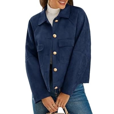 Cicy Bell Womens Faux Suede Leather Jackets Oversized Cropped Casual Lapel Collar Button Down Fall Vintage Shackets