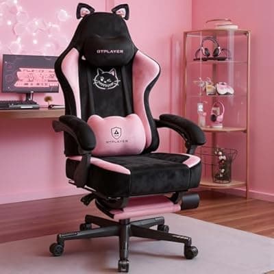 [COMHOMA] Pink Gaming Chair Cute with Cat Ears Ergonomic Computer Chair with Cat Embroidery Adjustable Memory Foam Lumbar Support and Headrest Comfortable Reclining Office Chair Soft Velvet Fabric