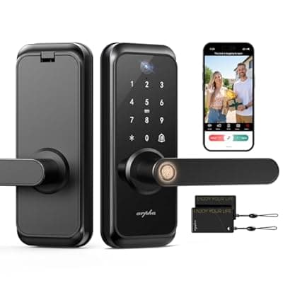 [ARPHA] WiFi Video Smart Lock with Camera & Handle - 6-in-1 Keyless Entry (Fingerprint/App/Keypad/FOB/Key), Electric Deadbolt Door Knob for Front, Built-in WiFi, 2-Way Audio, Auto-Lock, Waterproof - Black