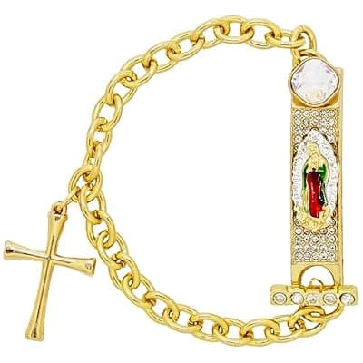 [Handmade] Virgin Mary Bracelet for Women - 14K Gold Plated Catholic Religious Jewelry, Our Lady of Guadalupe Virgencita & Crucifix Cross Charm, Miraculous Medal Protection Amulet, Christian Gifts for Mom