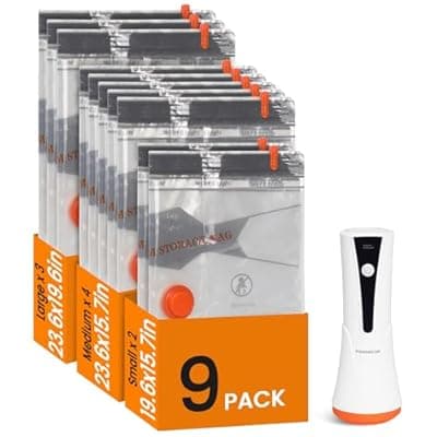 [foxmoon] Vacuum Seal Bags for Clothing Travel with Rechargeable Cordless Pump, 9 Pack Compression Space Saver Bags for Packing, Luggage and Seasonal Storage