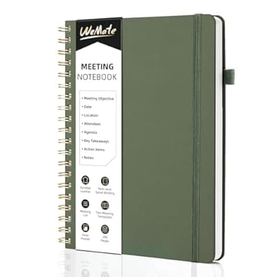 [WEMATE] WEMATE Meeting Notebook for Work B5 (7"x10") - PU Leather Work Notebook with Agenda, Action Items & Notes - 200 Pages for Men&Women, Staff and Students, Meeting, Projects Planning - Olive Green