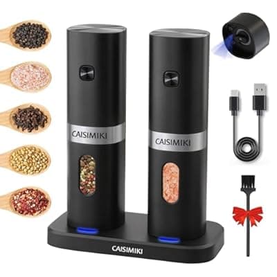CAISIMIKI Electric Salt and Pepper Grinder Set 2 IN 1 USB Automatic Pepper Mill with Rechargeable Batteries and Charging Base Adjustable Coarseness One Hand Operated, 2 Pack