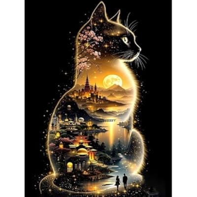 [Lophomie] Lophomie Cat Diamond Art Kits for Adults, 5D DIY Cat Landscape Diamond Painting for Adults Beginners, Diamond Dots Kits Gem Arts Crafts for Home Wall Decor 12x16 Inch