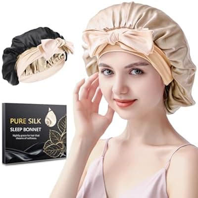 [Silmana] 22 Momme 100% Mulberry Silk Bonnet for Sleeping Women, Double-Layer Reversible Silk Hair Wrap for Curly & Natural Hair