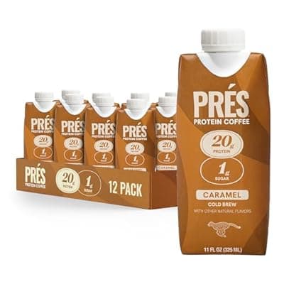 [PR\u00C9S] PRES Protein Coffee, Caramel, High Protein, Real Cold Brew, 20g Protein, 1g Sugar, 100 Calories, Protein Snacks, No Added Sugar, Coffee, Breakfast, Protein, Kosher, Soy Free, Nut Free, Non-GMO, Low Ca