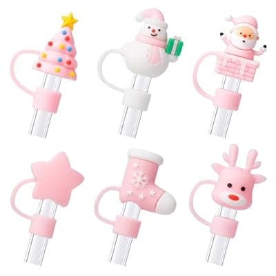 [BULKITEM] 6Pcs Christmas Pink Straw Cover Cap for Stanley Cup 40oz/30oz Tumbler, 10mm Reusable Cute Drinking Straw Topper Accessories, Portable Protector Plugs Decorations Gifts for Party Christmas