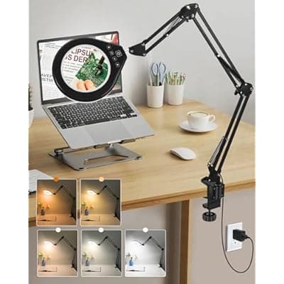 [NAKOOS] 10X & 5X Magnifying Glass with Light, Ultra Long Swing Arm, 5 Colors & 10 Brightness, Real Glass Lens Large Magnifying Lamp for Craft Painting Workbench Jewelry Making Hobby Close Work (White)