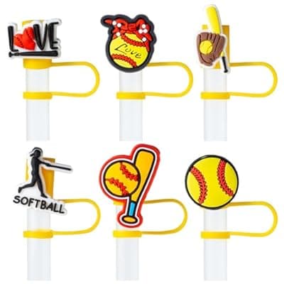 [BULKITEM] 6Pcs Softball Straw Cover Cap for Stanley Cup Accessories, 10mm Cute Black Drinking Straw Topper for 40oz 30oz Stanley Tumbler, Dust-Proof Reusable Straw Tips Valentines Decor Gifts for Women