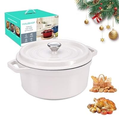 [HAUSHOF] HAUSHOF 5.3QT Enameled Cast Iron Dutch Oven with Lid, Non-Stick Pot for Sourdough Bread Baking, Stewing, Rosting, Oyster White