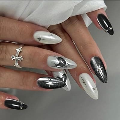 [VOTACOS] VOTACOS Cat Eye French Tip Press on Nails Almond Medium Black White Acrylic Fake Nails Press Ons with Designs Y2K Heart Star Glue on Nail for Women 24PCS Silver Reusable Artificial Stick on False Nail
