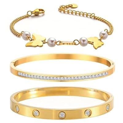 [Ciormis] Ciormis 18K Gold Plated Bangle Bracelet Set for Women Stackable Gold Clover Women Bangle Bracelets Trendy Gift Jewelry for Christmas Anniversary