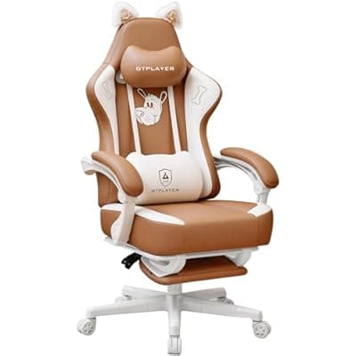 [GTPOFFICE] GTPOFFICE Cute Gaming Chair with Cat Ears, Ergonomic Computer Chair with Footrest Cat Paw Lumbar Support Comfortable Reclining Game Chair Desk Chair for Adult Teens, Soft Fabric, Brown