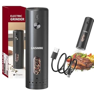 CAISIMIKI Large Capacity Rechargeable Electric Pepper Grinder 2025 New Pepper Mill USB Black Automatic Pepper Mill Adjustable Coarseness Salt Shakers with LED Light One Hand