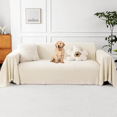[Czoynife] Couch Cover for Pets Sectional Non Slip Sofa Cover for 2 Cushion Couch Washable Chenille Sofa Throws with Tassel Furniture Protector Pet Friendly, Beige, 71''x102''