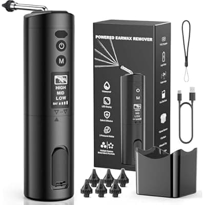 [KIWONG] Updated Ear Wax Removal Kit, IPX7 Waterproof Ear Cleaning Tool with Clear LED Display, USB Rechargeable Electric Ear Irrigation Flushing System, Safe and Effective Electric Ear Cleaner Tool