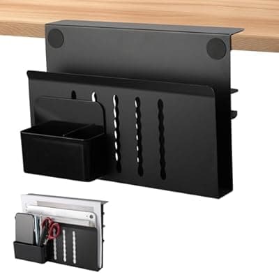 [Henitol] Henitol Desk Side Storage with Pen Holder, No Drill Hanging Desk Organizer Under Desk Storage Mount, Clamp-On Laptop Holder Table Side Tray Desktop Organization for Office and Home (Black)