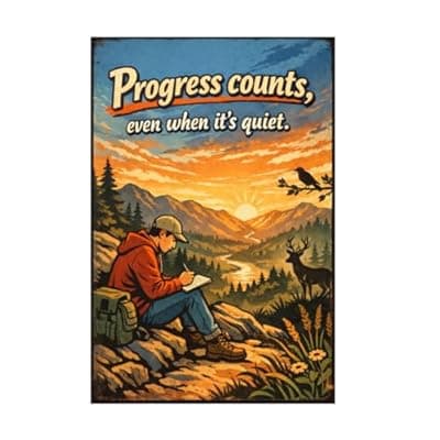 [Carastora] Progress Counts Even When It’s Quiet Tin Sign Vintage Inspirational Quote Metal Wall Decor Scenic Mountain Sunset Rustic Motivation Plaque Thoughtful Art For Home Office Cabin Study 8x12 Inch