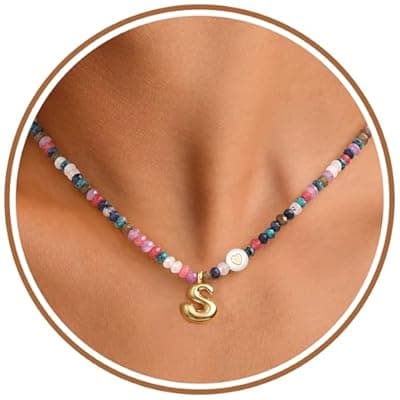 [Sistble] Sistble Beaded Necklaces for Women Teen Girl Gifts Bubble S Necklace Initial Gold Letter Pendant Colorful Natural Stone Bead Necklace Birthday Gifts for Women Mom Wife Girlfriend Jewelry