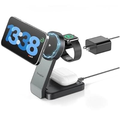 [EnergyCell] 2026 3 in 1 Wireless Charging Station for Apple MagSafe Charger, Q2 15W Fast Magnetic Mag-Safe Charger Stand for iPhone 17 16 15 14 13 12 Apple Watch AirPods Series (30W USB-C Charger Included)