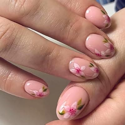 [YOSOMMK] YOSOMMK Short Fake Nails Almond Shaped Press on Nails with Flower Designs Nude Pink Glue on False Nail Cute Glossy Stick on Acrylic Nail for Women and Girls