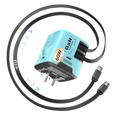 [W & O] W & O Fast Charger for iPhone17/16/15,60W gan Charger,Retractable Phone Charger Wall Plug with Lightening and Type-C Cables,for iPhone Series, Galaxy S25/24,Android and More（Blue）