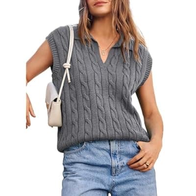 Dokotoo V-Neck Lapel Collar Cable Knit Vest Top for Women - Spring Outfits 2025