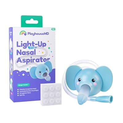 [Playhouse MD] Playhouse MD Booger Buddy Nasal Aspirator, Elephant - with LED Light for Babies & Toddlers – BPA-Free Snot Remover for Infant Stuffy Nose, Congestion Relief – Easy to Clean Design - FSA/HSA Eligible