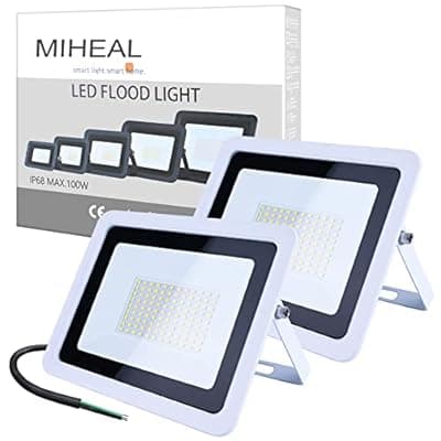 MIHEAL 2 Pack White 110V 100W LED Flood Light,Cool White, IP68 Waterproof Super Bright Security Lights, Outdoor Floodlight for Yard, Garden, Playground, Basketball Court