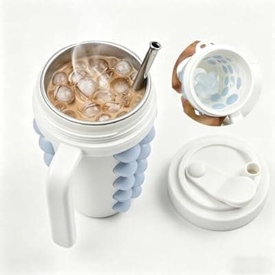 [Liirsvee] 2-in-1 Ice Maker Cup with Handle, 304 Stainless Steel Insulated Tumbler & Squeeze Ice Cube Mold, Includes Retractable Straw & Leak Proof Lid, Portable Bottle Chiller for Iced Coffee, Camping, Office