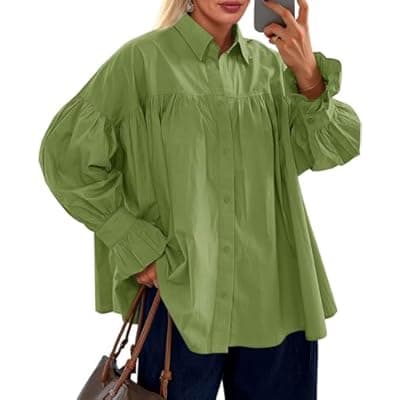 [Cicy Bell] Cicy Bell Womens Oversized Button Down Shirts Long Ruffle Sleeve Pleated Babydoll Blouses Trendy Casual Tops