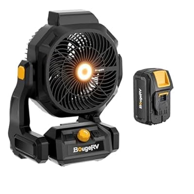 [BougeRV] BougeRV Battery Powered Fan, 755 CFM 18V Portable Fan Rechargeable with 8Ah Removable Battery, Metal Hooks, USB Port, Bright Light for Outdoor, Work, Warehouse, Camping, RV, Power Outage, Home