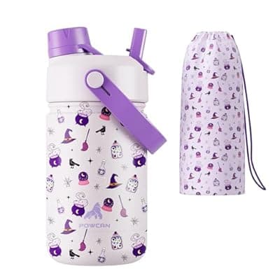 [POWCAN] 12 oz Kids Insulated Water Bottle: 2-in-1 Straw Spout Lid, Leakproof, BPA-Free, Keep Cold 24H, Fits Car Cupholder, Stainless Steel Cup for School, Holiday, Gift for Girls Daughters (Witching Hour)
