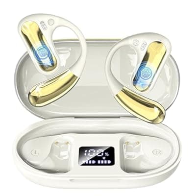 [CoolJumper] Open Ear Headphones, Bluetooth 5.4 Wireless Earbuds with Ear Hooks, 60H Playtime, AI Clear Call, LED Display Charging Case, IPX7 Waterproof Sports Earphones for Running Workouts Commute, Khaki