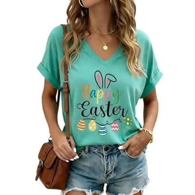 [Aurestride] Easter Shirts for Women V Neck Happy Easter T Shirt Easter Bunny Tee Cute Rabbit Graphic Tops