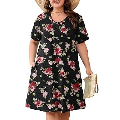 [AusLook] AusLook Plus Size Midi Dress for Women Short Sleeve V Neck Criss Cross A Line Summer Casual Vacation Sundresses with Pockets
