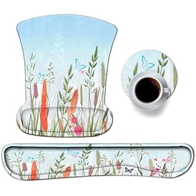 [DINKY] Ergonomic Mouse Pad with Wrist Support Gel, DINKY Upgraded Keyboard Wrist Rest Pad Set, Lovely Coaster with Non-Slip PU Base Mouse Pads for Working, Gaming and Family-Weeds Palnts