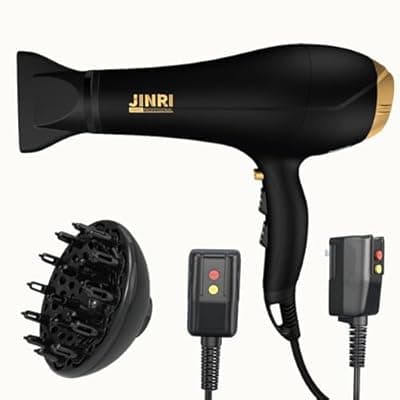 [JINRI] Hair Dryer - JINRI 2000W Diffuser Blow Dryer for Salon & Personal Use – Powerful, Fast Drying with Diffuser & Nozzle for Women & Men, ALCI Safety Plug, Black
