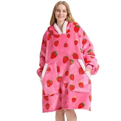 [Kipswiza] Kipswiza Strawberry Wearable Blanket Hoodie - Soft Cozy Sherpa Fleece Oversized Hooded Blankets Sweatshirt Birthday Gifts for Women Girls Mom Daughter Adult