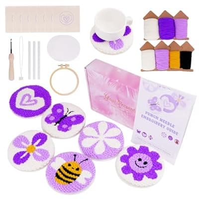 [Nuoviyiya] Nuoviyiya Punch Needle Kit for Adults Beginner - Complete Punch Stitching Kits with 6 Patterned Fabrics, Felt, Yarns, Tools and Instructions - Easy Embroidery Coaster Kit for Craft Enthusiasts