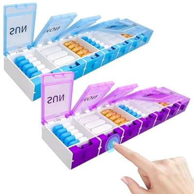 2 Pack Weekly Pill Organizer 2 Times a Day, Push Button Medicine Pill Organizer, Pill Box Case 7 Day AM PM BPA-Free, Pill Container for Vitamins, Fish Oil, Supplements Medication (Blue+Purple)