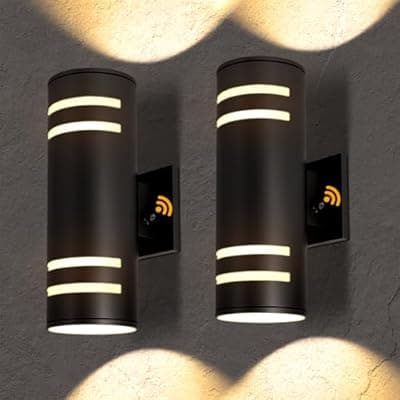 [Tesjaso] Tesjaso Modern Outdoor Wall Sconce with Dusk to Dawn Sensor, Up Down Exterior Light Fixture, Waterproof Outdoor Light Fixtures Wall Mount for Porch, Garage, Patio - E26 Base, Black Aluminum