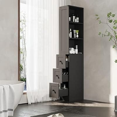 [LAUSAINT HOME] LAUSAINT HOME Tall Slim Bathroom Storage Cabinet, Anti-Tipping Floor Cabinet with 2 Adjustable Shelves & 3-Level Drawers for Small Space, Home, Bathroom, Kitchen, Laundry (Black)