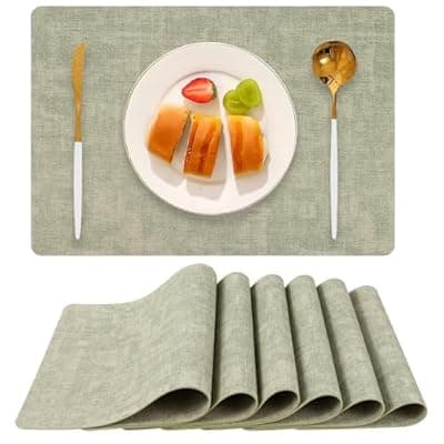 Boobezeen Faux Leather Placemats Set of 6, Heat Resistant Wipeable Washable Vinyl Place Mats, Waterproof Anti-Slip Dining Table Mats, Suitable for Indoor & Outdoor Use (Light Green)