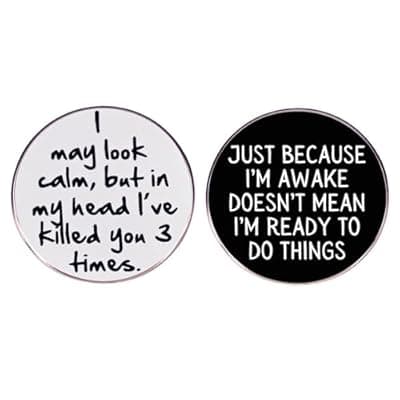 [Autotide] 2 Pack Funny Pin Badges, Humour Metal Brooch Pins with Quotes, Badges for Bags, Lanyards, Backpack & Clothes, Novelty Colleagues Gift for Work, Birthday, Christmas