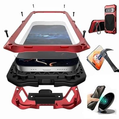 [Vrythaxion] Vrythaxion for Samsung Galaxy S26 Ultra Metal Case with Camera Cover Kickstand, Built-in Tempered Glass Screen Protector, Heavy Duty Military Grade Shockproof Full Body Rugged Case 6.9",Red