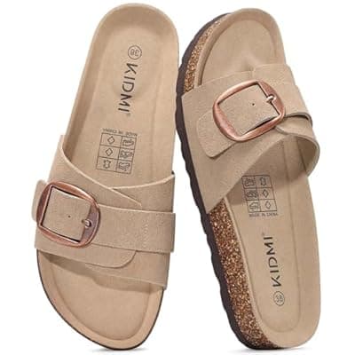 [KIDMI] KIDMI Genuine Suede Cork Footbed Sandals for Women Comfortable Summer Slides with Buckle