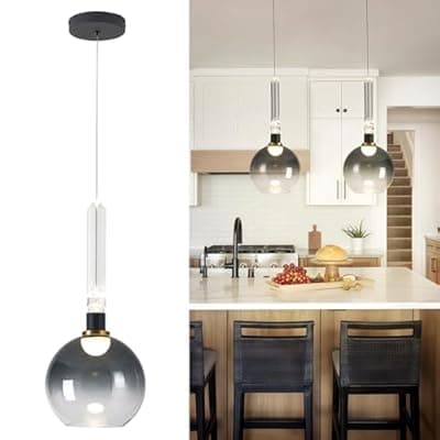 [puncoll] puncoll Black Pendant Light Fixture Kitchen Island - Modern Pendant Lighting with Globe Glass - Adjustable Hanging Light for Dining Room Bathroom, H3958-1-SMBK
